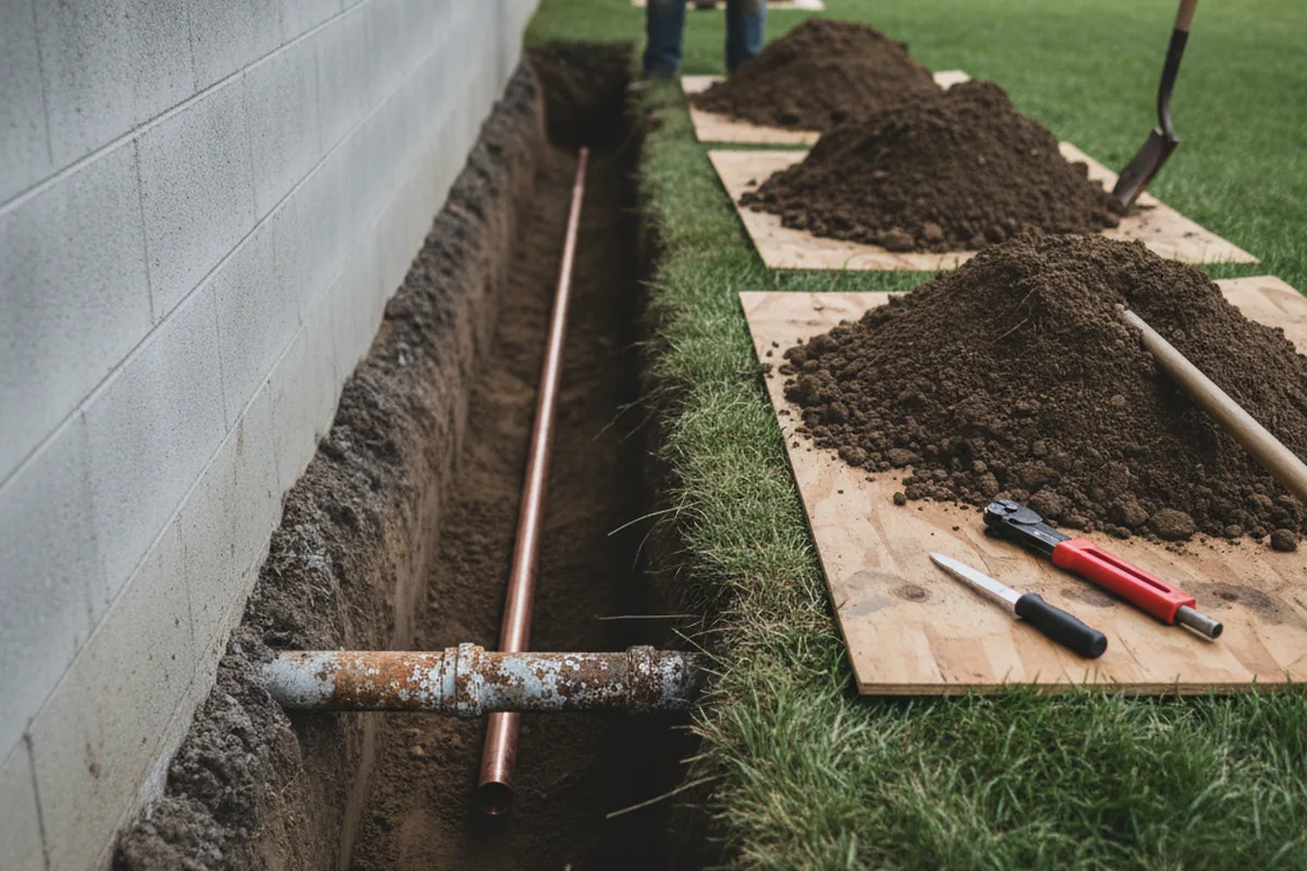 Excavated water line trench during Water Softener Installation in Holland